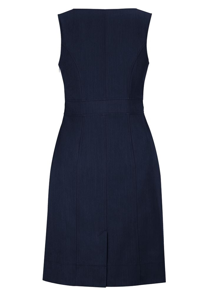 Ladies sleeveless navy dress size 16, featuring deep pockets, concealed zip, and split for comfort from the Biz Collection.