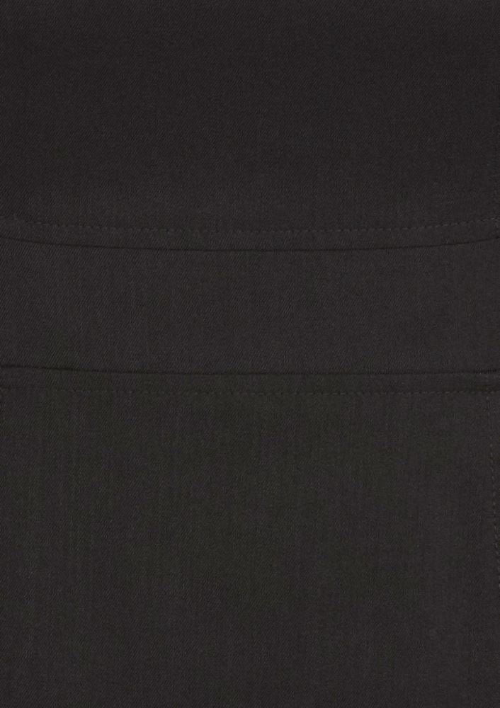 Ladies sleeveless dress in black, size 14 by Biz Collection, featuring pockets, concealed zip, and stylish rear split for versatility.