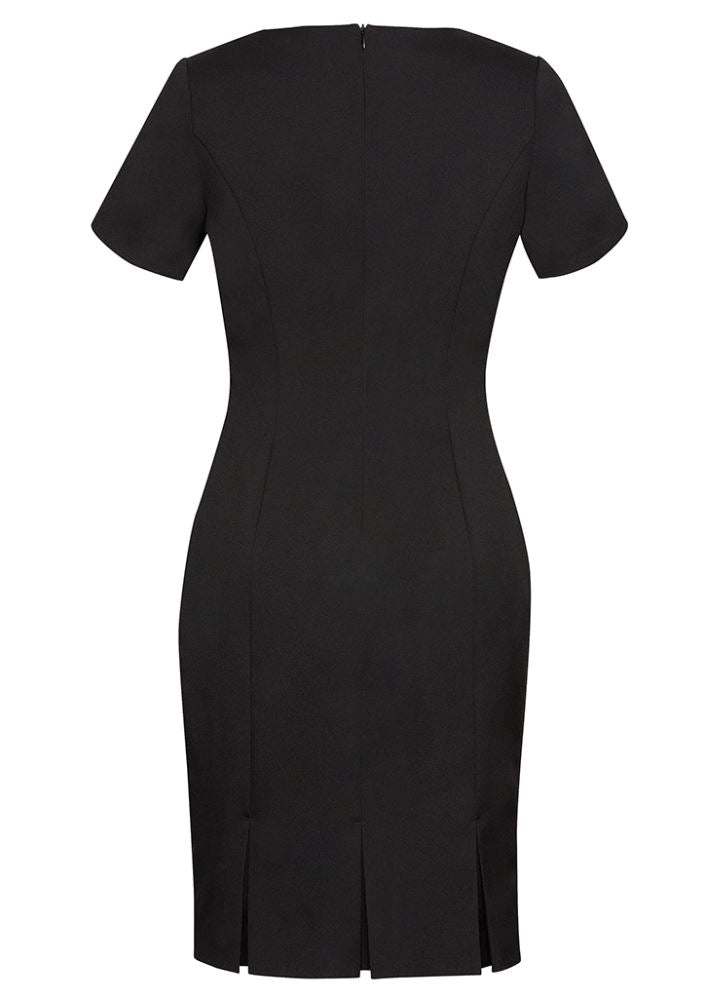 Stylish black short sleeve dress, size 10, featuring pleats, back zip, and lined interior for comfort and elegance.
