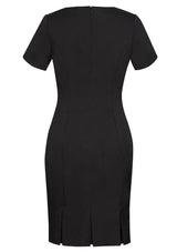 Ladies black short sleeve dress featuring pleats and a lined back zip, ideal for professional and casual occasions.