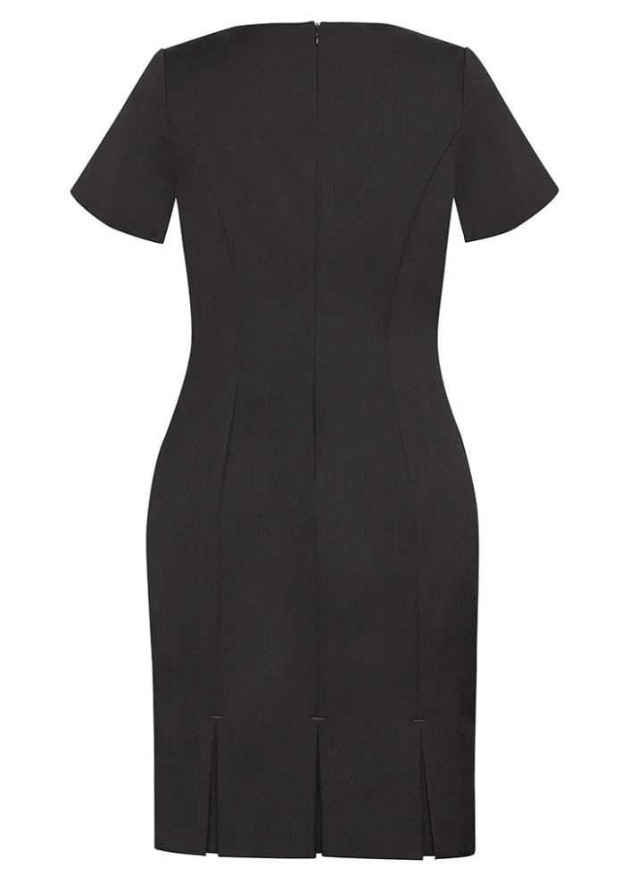 Ladies charcoal short sleeve dress, size 22, featuring pleats, back zip, and lined interior for comfort and style.