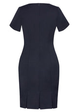 Navy short sleeve dress for women, featuring pleats, zip fastening, and a lined back, ideal for work or casual outings.