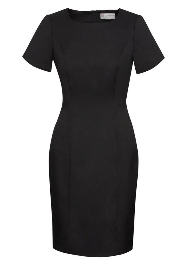 Sleek black short sleeve dress from Biz Collection, featuring pleats and a discreet zip for a chic, versatile look. Size 12.
