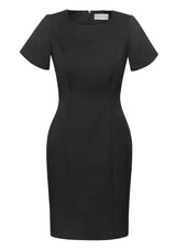 Ladies short sleeve dress in charcoal, size 10, featuring pleats, zip closure, and breathable fabric for versatile styling.