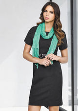 Navy short sleeve dress for women featuring flattering silhouette, lined back, zip closure, and pleats for effortless elegance.