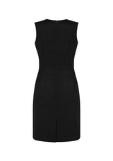 Ladies sleeveless V neck dress in black, tailored for comfort with concealed zip, breathable fabric, and above-knee length.