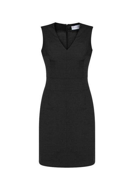 Elegant black sleeveless V-neck dress with hidden zip, pocket, and natural drape, perfect for any occasion. Designed by Biz Collection.