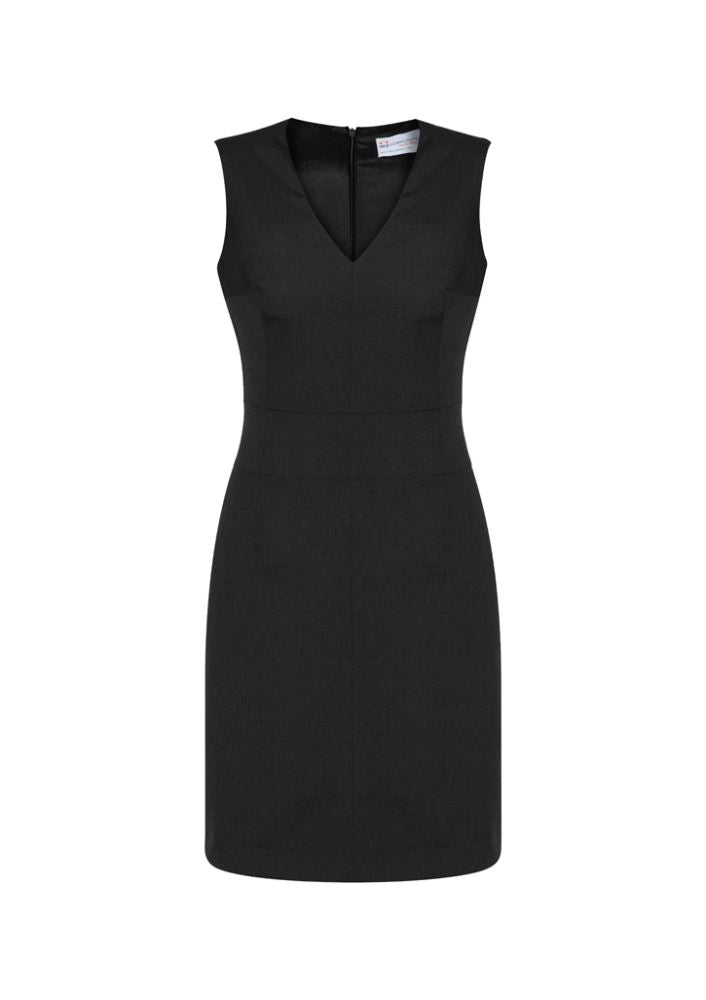 Stylish black sleeveless V-neck dress size 8, featuring a concealed zip, pockets, and a flattering knee-length fit.