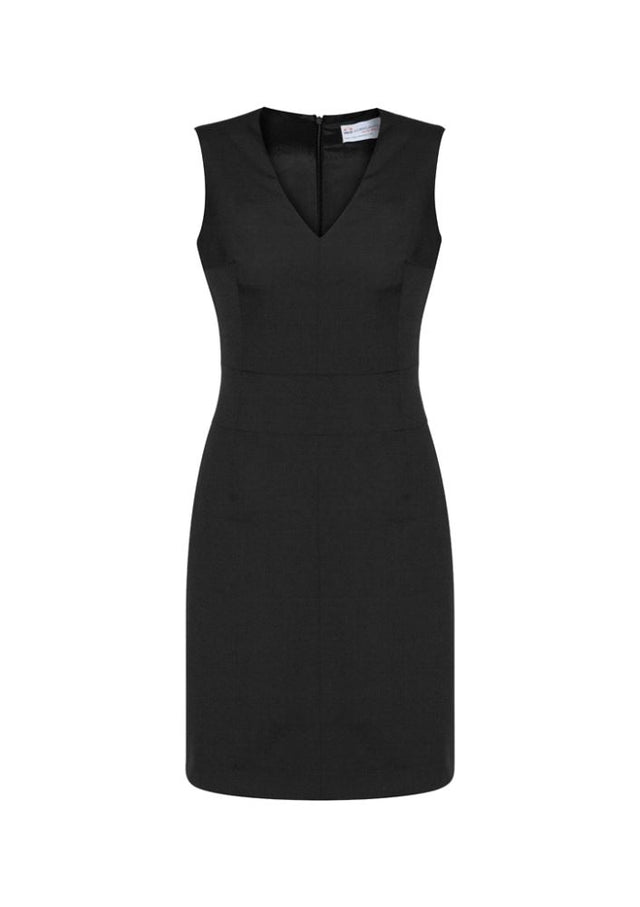 Stylish black sleeveless V-neck dress size 8, featuring a concealed zip, pockets, and a flattering knee-length fit.