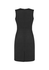 Ladies sleeveless V-neck charcoal dress, size 4, featuring breathable fabric, elegant design, concealed zip, and hidden pocket.