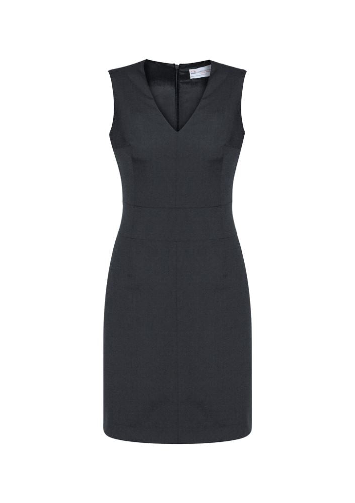 Sleeveless charcoal V neck dress by Biz Collection, featuring a flattering fit, concealed zip, and pocket, ideal for any occasion.