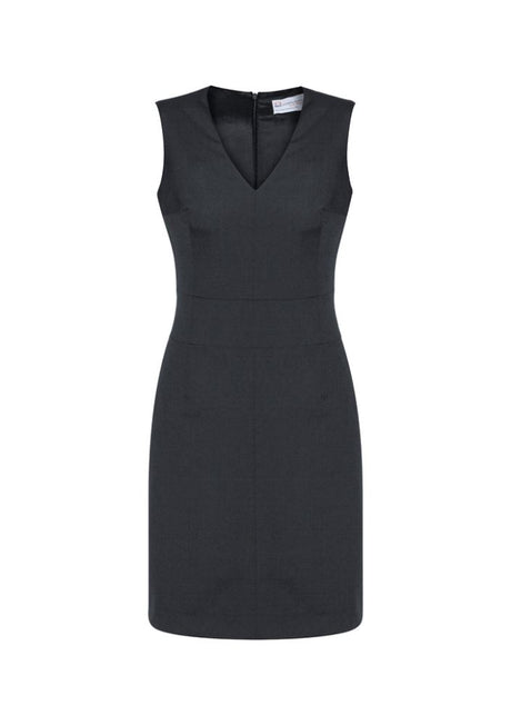 Sleeveless charcoal V-neck dress from Biz Collection, featuring a flattering cut, concealed zip, and practical pocket.