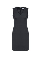 Ladies sleeveless V neck dress in charcoal, size 16, featuring premium fabric, concealed zip, and a chic above-the-knee hemline.
