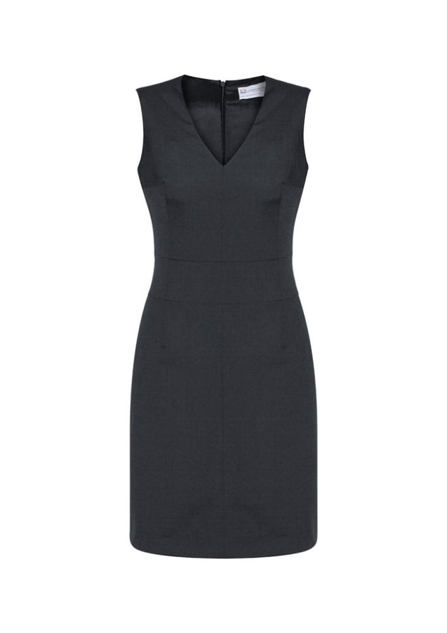 Elegant charcoal sleeveless V neck dress with flattering fit, concealed back zip, and pocket, suitable for various occasions.