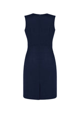Ladies sleeveless navy V-neck dress with concealed zip and pocket, offering a flattering fit for various occasions.