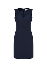 Navy sleeveless V neck dress for ladies, size 22, featuring a natural drape, concealed zip, and pockets for comfort and style.