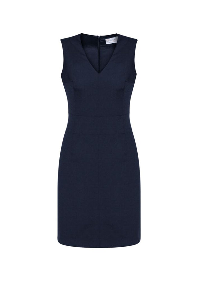 Navy sleeveless V neck dress for ladies, size 22, featuring a natural drape, concealed zip, and pockets for comfort and style.