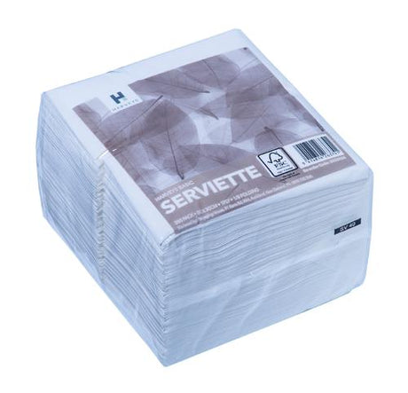 White 1-ply Harveys Advanced napkins, soft and absorbent, perfect for events; pack of 500, each 300x300 mm when unfolded.