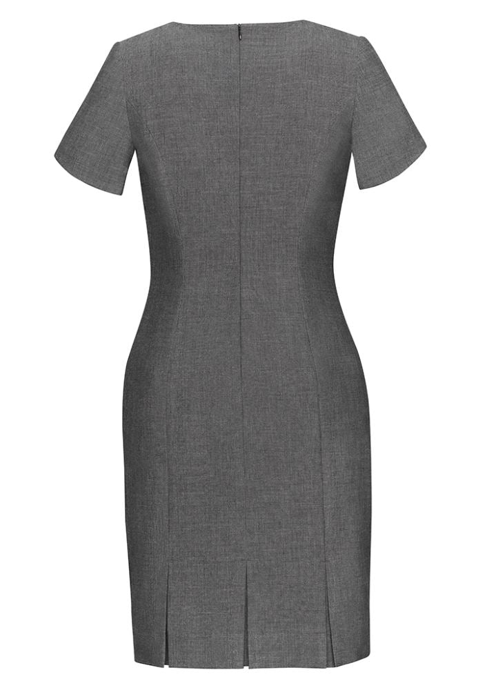Ladies short sleeve grey dress in size 16, featuring soft fabric and elegant multi-pleat detailing for versatile styling.