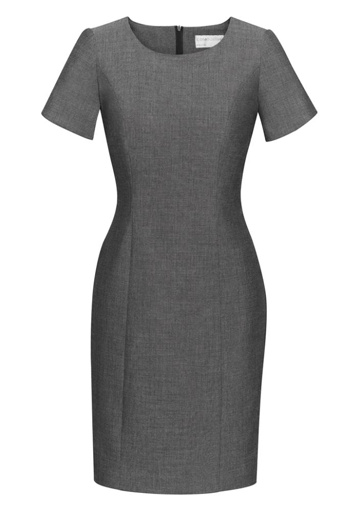 Ladies short sleeve grey dress by Biz Collection with multi pleats and discreet zip, perfect for every occasion.