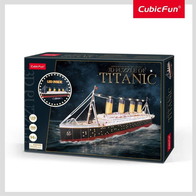 3D puzzle of the RMS Titanic XL with LED lights, featuring 266 pieces and measuring 87.9 x 9.6 x 29.4 cm for display.