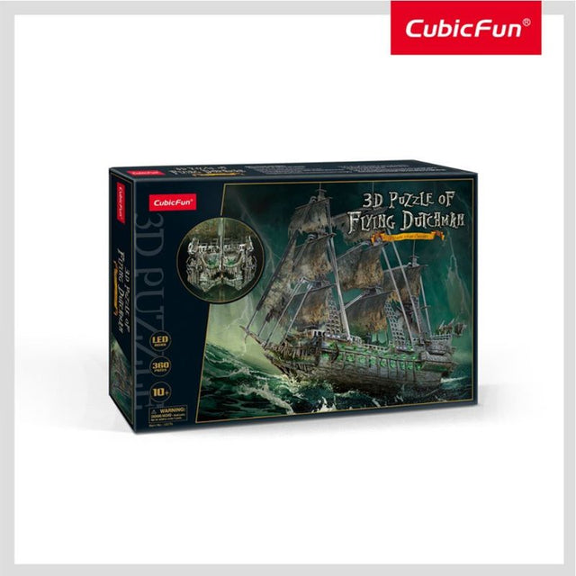 3D Flying Dutchman XL puzzle with LED lights, measuring 68x64x26cm, showcasing intricate design and maritime legend.