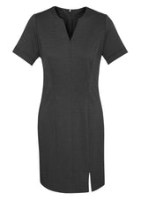 Ladies Open Neck Dress in charcoal featuring a drop front V-neck and asymmetrical hem, perfect for stylish comfort.