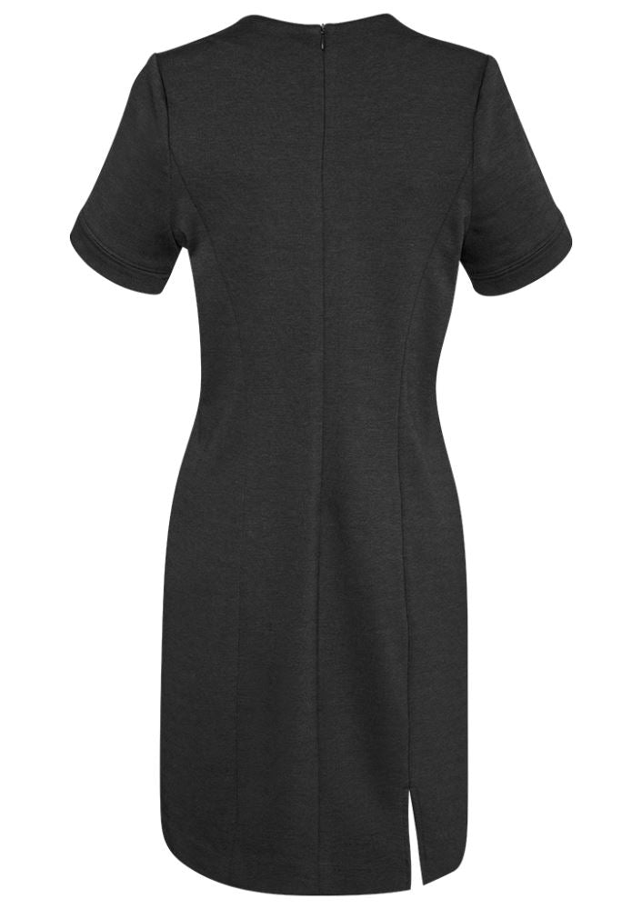 Ladies Open Neck Dress in Charcoal featuring a flattering 'V' neck, asymmetrical hem, and soft stretchable fabric for all-day comfort.