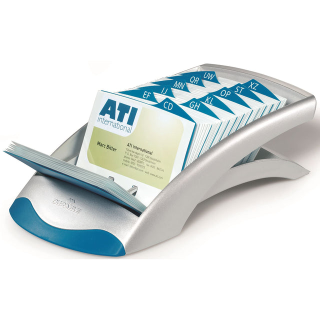 Durable Rotary File for business cards, holding 200 cards with a 12-part A-Z index for easy organization and access.