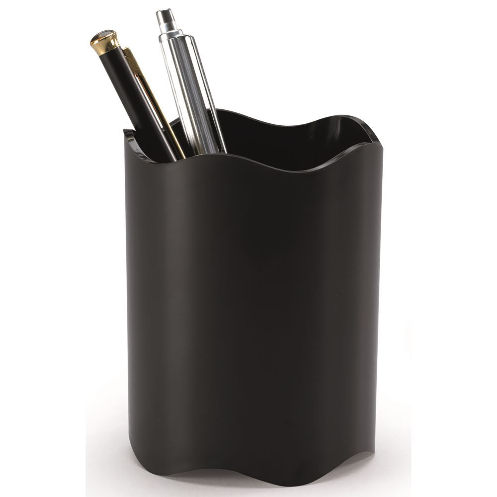 Sleek black pen cup by DURABLE for organized storage of pens, scissors, and markers in modern workspaces.