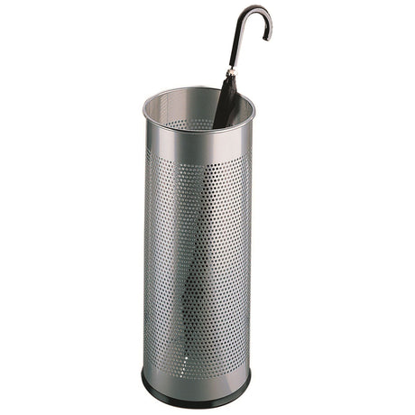 Stylish silver umbrella stand made of stainless steel, featuring a decorative rim and 28.5-litre capacity for organization.