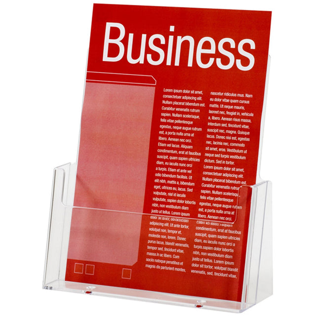 A free-standing A5 brochure holder showcasing multiple flyers and business cards in a sleek and durable design.