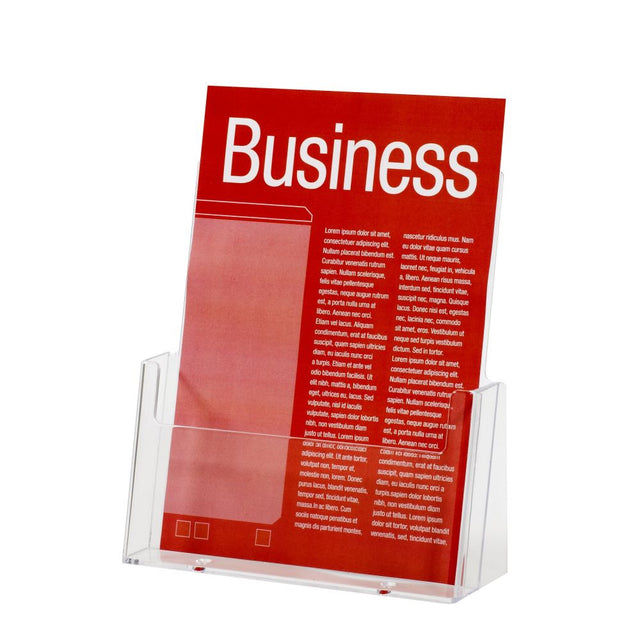 Free-standing A4 brochure holder for displaying marketing materials, crafted for durability and perfect for high-traffic areas.