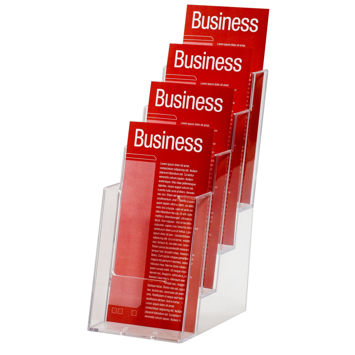 Esselte Brochure Holder Free DL 4T-4 Comp, a sturdy 4-tier display for brochures and business cards in a sleek, free-standing design.