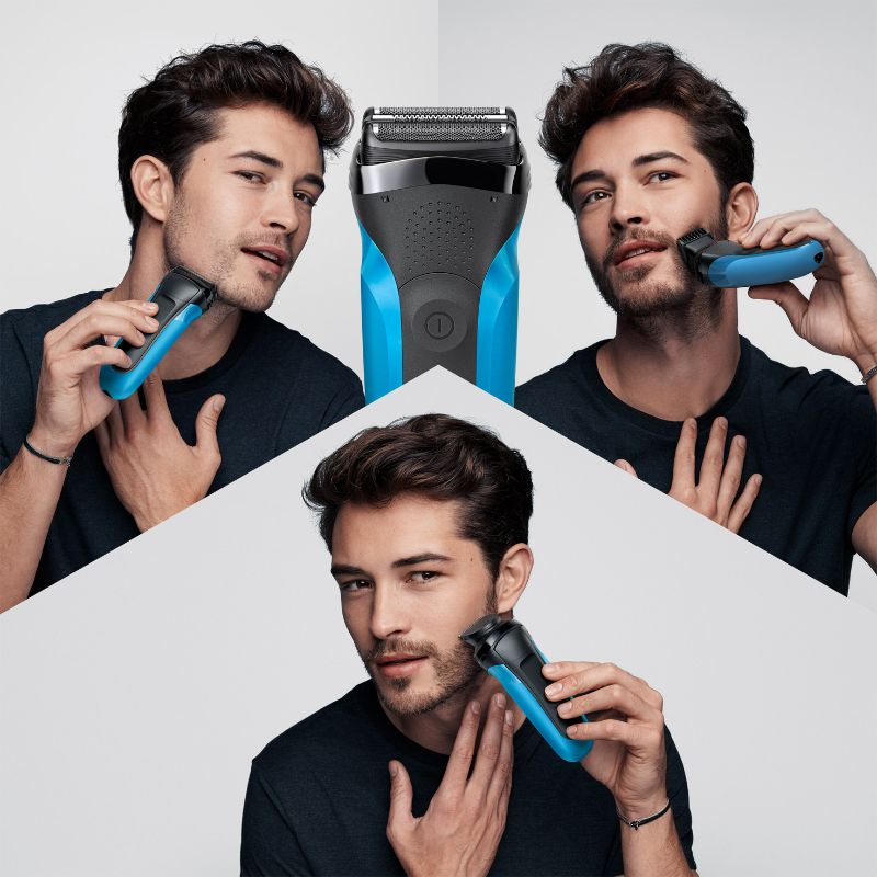 Braun 310BT electric shaver and beard trimmer, featuring 3-Flex head, adjustable combs, and waterproof design for versatile grooming.