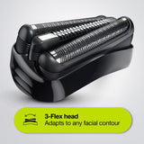 Braun 310BT rechargeable shaver and beard trimmer with 3-Flex head, adjustable combs, and waterproof design for versatile grooming.