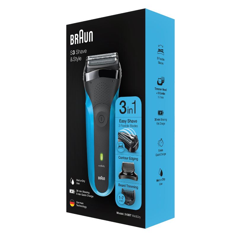 Braun 310BT electric shaver and beard trimmer with 3-Flex head, waterproof design, and adjustable combs for versatile grooming.