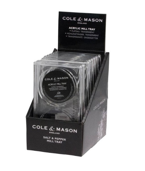 Acrylic Mill Tray by Cole & Mason, stylishly holds mills while keeping countertops clean; fits all Cole & Mason mills.