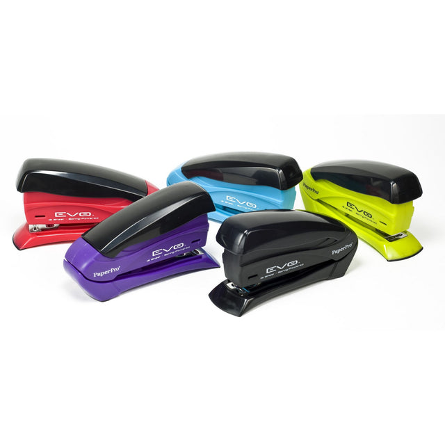 Compact Paperpro Evo stapler in assorted colors, effortlessly staples 2-100 sheets with spring-powered ease.