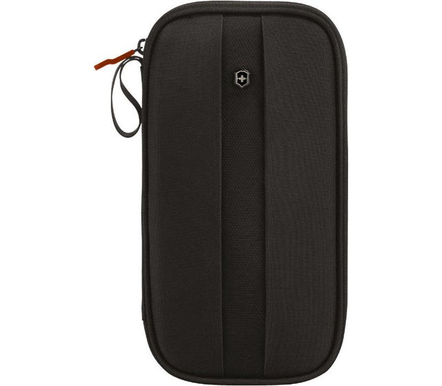 Sleek black travel organizer by Victorinox with RFID protection for safe storage of documents, tickets, and currencies.