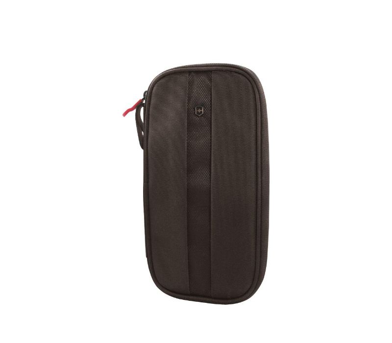 Black travel organizer by Victorinox with RFID protection, designed for secure document storage and organized travel.