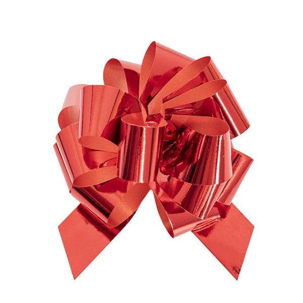 Metallic red pull bows in a pack of 5, ideal for elegantly embellishing gifts and decorations for any occasion.