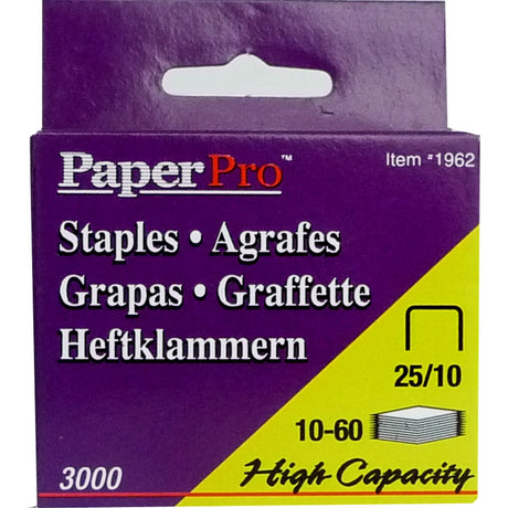 High-capacity PaperPro 25/10 staples, box of 3000, for effortless stapling of 2 to 100 sheets with minimal pressure.