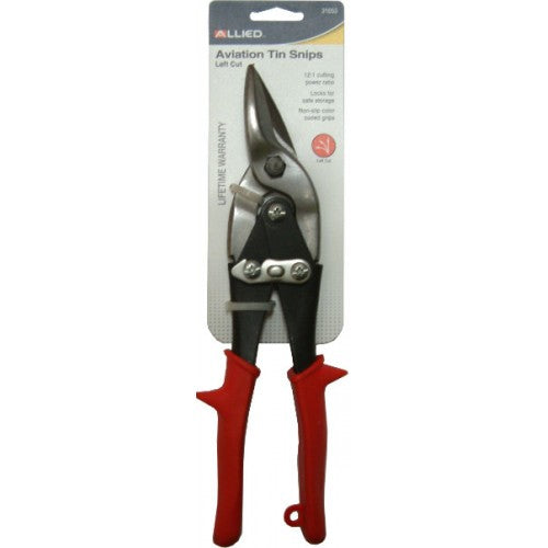 Aviation Tin Snip - Left Cut Allied #31653 with ergonomic grips and durable carbon steel, designed for precise metal cutting.