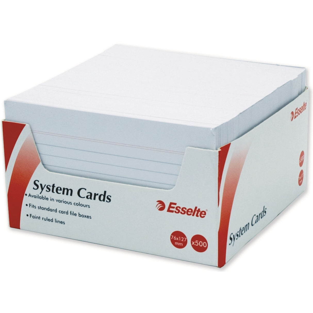 White ESSELTE system cards, 127x76mm, pack of 500, ruled on both sides for efficient note-taking and organization.