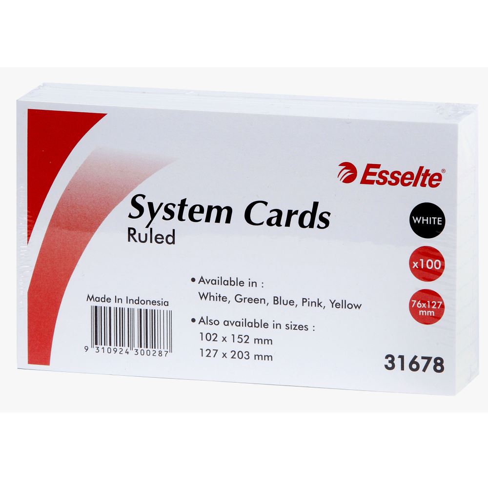 White ESSELTE System Cards, 127x76mm, pack of 100, ruled on both sides for versatile note-taking and organization.