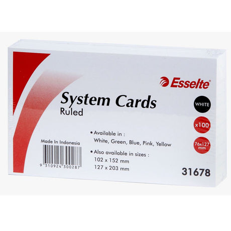 White ESSELTE System Cards, 127x76mm, pack of 100, ruled on both sides for versatile note-taking and organization.