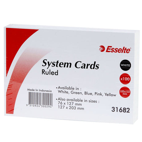 White ESSELTE System Cards 152x102mm, ruled on both sides, perfect for organization and note-taking, 100 pack.