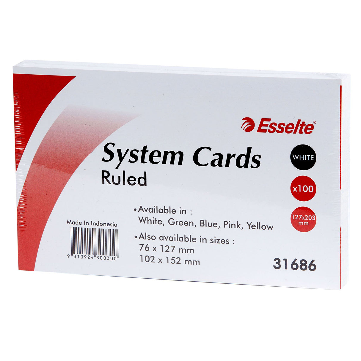 White ESSELTE system cards, 203x127mm, pack of 100, durable 200gsm board, ruled on both sides for note-taking and organization.