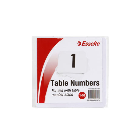 White Esselte table numbers 1-10, double-sided, 10cm x 10cm, ideal for weddings and events, ensuring easy identification.